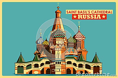 Vintage poster of Saint Basil's Cathedral in Moscow famous monument in Russia Vector Illustration