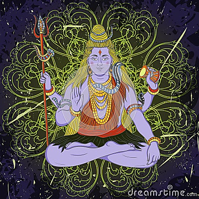 Vintage poster with sitting Indian god Shiva on the grunge background. Vector Illustration