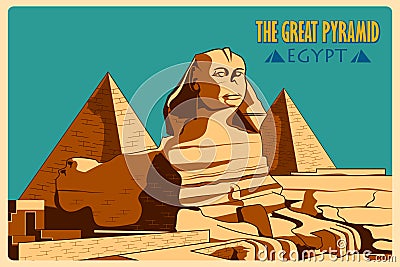 Vintage poster of Sphinx and Pyramids in Giza famous monument in Egypt Vector Illustration