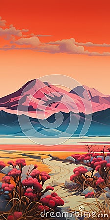 Vintage Poster Style Painting Of Mountains And Desert Landscape Cartoon Illustration