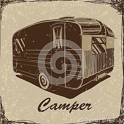 Vintage Poster with Trailer, Vehicles Camper Vans Caravans typographic, silhouette trailer, caravan. Print for textile Vector Illustration