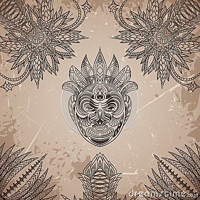 Vintage poster with Tribal mask on the grunge background over ornate pattern. Vector Illustration