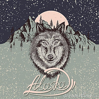 Vintage poster with wolf on the Alaska Vector Illustration