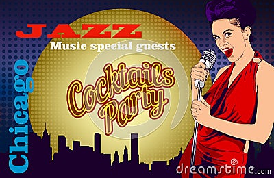 Vintage poster with woman singer and cocktail vector design template Vector Illustration