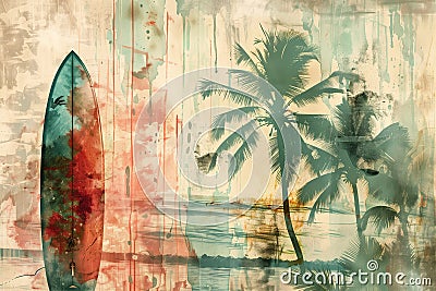 Vintage posters, watercolor washes, surfboard, oceanic color tones tropical elegance Stock Photo