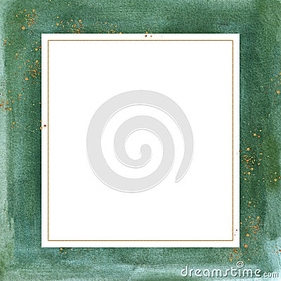 Vintage Pre-made Greeting card with watercolor green washes and golden splashes Stock Photo