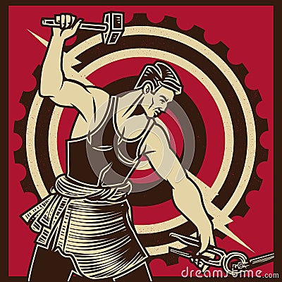 Vintage Propaganda Worker Vector Illustration