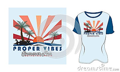 vintage Proper VIBES Summer Fun California palm tree sun vector bird new vintage t- shirt Design Vector Illustration