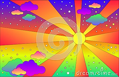 Vintage psychedelic landscape with sun and clouds, stars. Vector cartoon bright gradient colors background. Hippie style art Vector Illustration