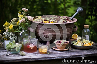 vintage punch bowl set on rustic wooden table in garden Stock Photo
