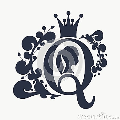 Vintage queen silhouette. Medieval queen profile Vector Illustration