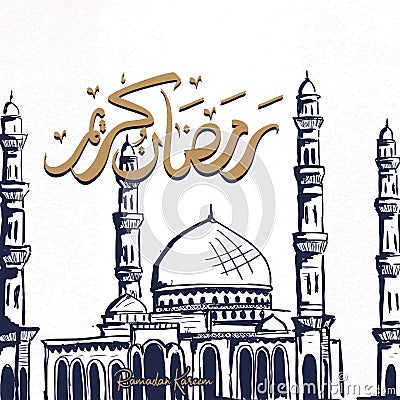 Vintage Ramadan Kareem hand drawn, vector illustration greeting banner. Vintage card celebration design with mosque drawing and Vector Illustration