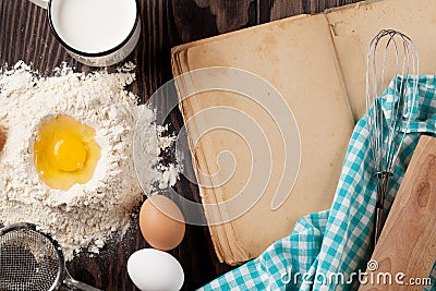 Vintage recipe book, utensils and ingredients Stock Photo