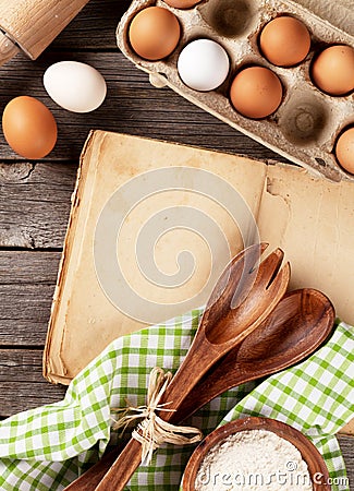 Vintage recipe book, utensils and ingredients Stock Photo