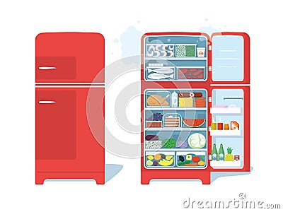 Vintage Red Closed and Opened Refrigerator Full Of Food. Vector Illustration