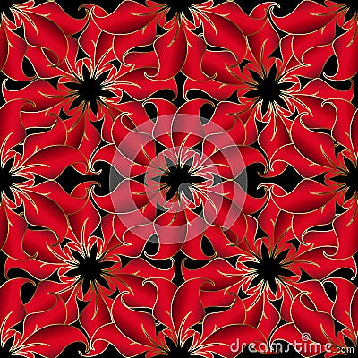 Vintage red 3d flowers vector seamless pattern. Beautiful ornamental decorative background. Floral backdrop. Elegance vintage Vector Illustration