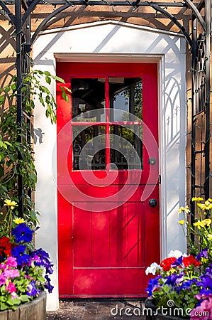 Red Door on Canyon Road Stock Photo