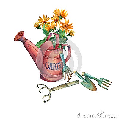 Vintage red garden watering can with a bouquet of yellow flowers and garden tools. Stock Photo