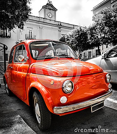 Vintage red italian car old selective color black and white italy 500 cinquecento Stock Photo