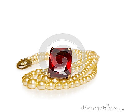 Vintage red ruby ring and pearls Stock Photo