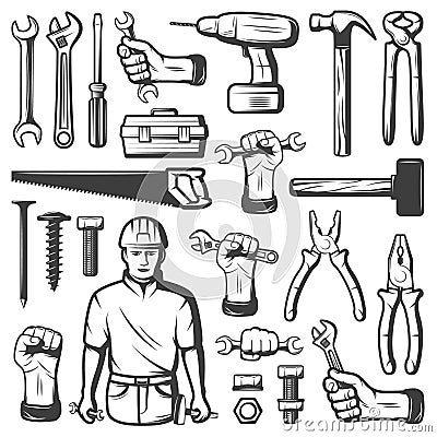 Vintage Repair Workshop Icon Set Vector Illustration