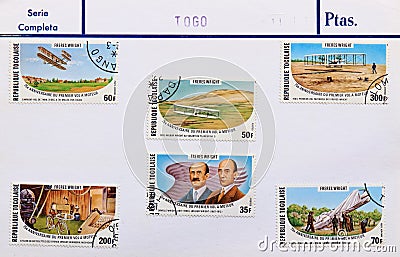 Vintage Republic of Togo stamp sheet complete series brothers Wright Editorial Stock Photo