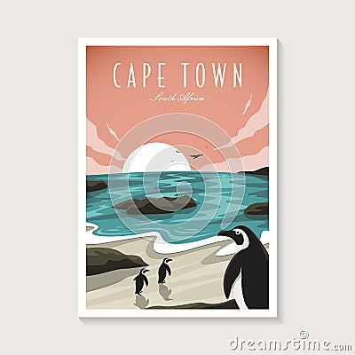Vintage retro African penguin on cape town beach poster design illustration, seascape beach poster Vector Illustration