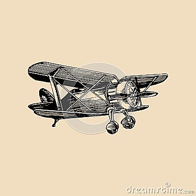 Vintage retro airplane logo. Vector hand sketched aviation illustration in engraving style for poster, card etc. Vector Illustration