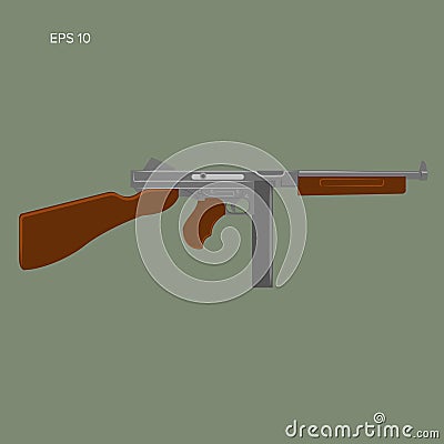 Vintage retro american sub-machine gun vector illustration. Old famous gangster armament. Vector Illustration