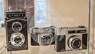 Vintage retro analogue cameras for classic negative film Editorial Stock Photo