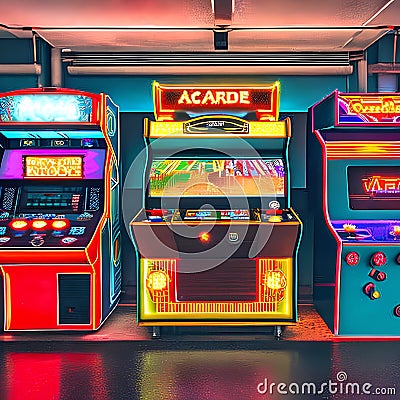 1587 Vintage Retro Arcade: A retro and vintage-inspired background featuring a retro arcade scene with arcade machines, neon lig Stock Photo