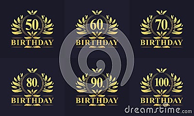 Vintage Retro Birthday logo set. Luxurious golden birthday logo bundle. 50th, 60th, 70th, 80th, 90th, 100th happy birthday logo Vector Illustration