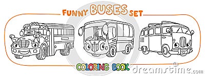 Funny vintage buses with eyes. Coloring book set Vector Illustration