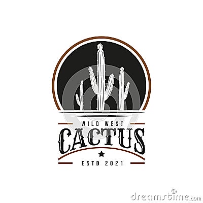 Vintage Retro Cactus Logo. Wild West Cowboy Ranch. Premium and Luxury Logo Vector Illustration
