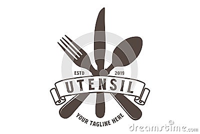 Vintage Retro Crossed Spoon Fork and Knife for Kitchen Cook Eatery Restaurant or Food Catering Logo Design Vector Illustration