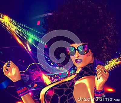 Vintage, retro, disco dancer girl with Afro hair style. Sexy, high energy image for entertainment, clubbing and night life themes Stock Photo