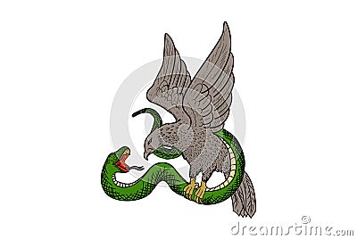 Vintage Retro Eagle Falcon Hawk fight with the Serpent Snake Illustration Vector Illustration