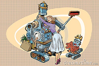 Vintage retro family, dad robot wife and child Vector Illustration