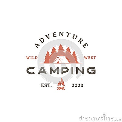 Vintage retro Forest camping logo emblem summer camping vector illustration with tent and pine trees silhouette Vector Illustration