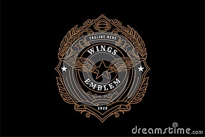 Vintage Retro Golden Star Wings Ornament Border Frame Royal Badge Emblem Stamp Label Logo Design Vector Vector Illustration