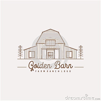 Vintage Retro Golden Wood Barn Farm Minimalist Logo design with line art style Vector Illustration