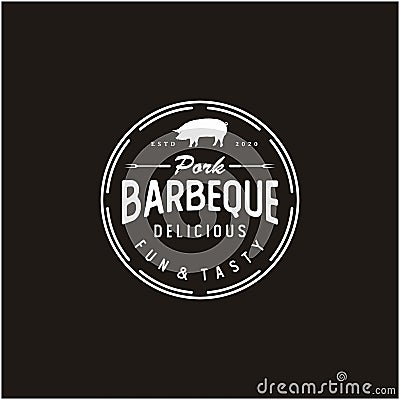 Vintage Retro grill barbecue with pork Label logo design Vector Illustration