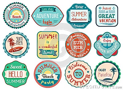 Vintage retro grunge summer vacation travel labels and badges stickers icons set. Vector Illustration