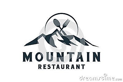 Vintage Retro Ice Rock with Mountain Crossed Spoon Fork for Kitchen Cook Eatery Restaurant or Food Catering Logo Design Vector Illustration