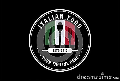 Vintage Retro Italian Flag with Spoon Knife Fork for Cafe Restaurant Food Culinary Catering Label Logo Design Vector Illustration