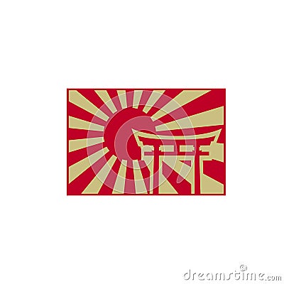 Vintage Retro Japanese Rising Sun with Torii Gate Logo Design Vector Illustration