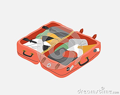Vintage, retro luggage bag, open suitcase with packed travel stuff. Cosmetics case, clutch and clothes. Hand drawn Vector Illustration