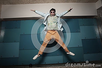 Vintage retro male jumping Stock Photo