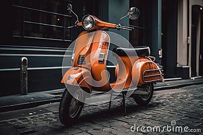 Vintage retro motor scooter parked on a city street, AI Generated Cartoon Illustration