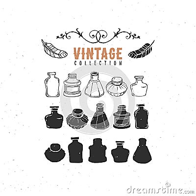 Vintage retro old inkwell inkbottle inkpots collection. Vector Illustration